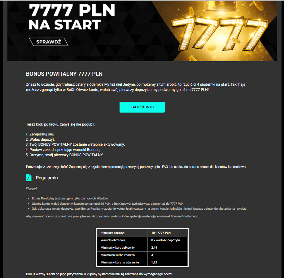 7777 PLN na start bonus BetX